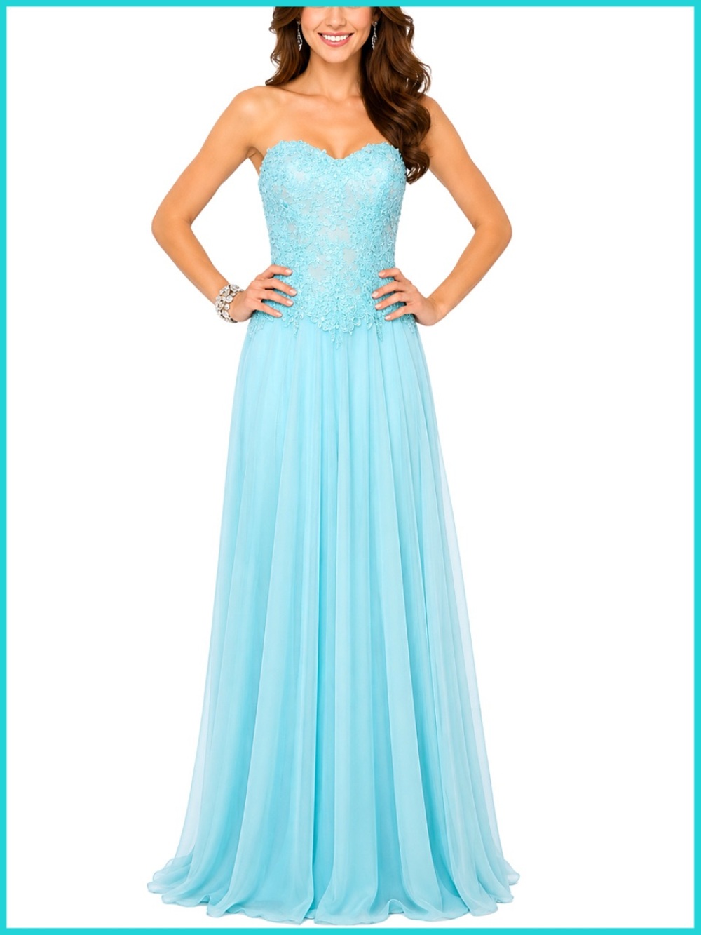La Femme Light Mint Blue Green Strapless Lace Embellished Gown Dress